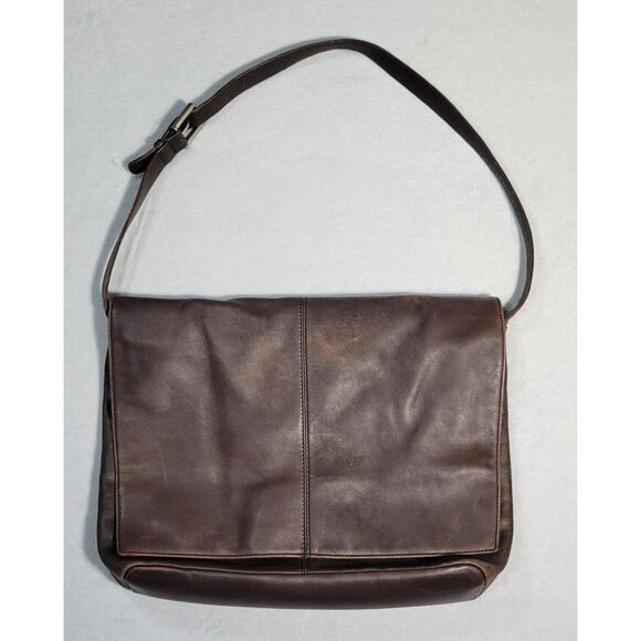 VTG Eddie Bauer Dark Brown Leather Messenger Bag Flap ADJ Strap Item# 023-3498 - Picture 1 of 13